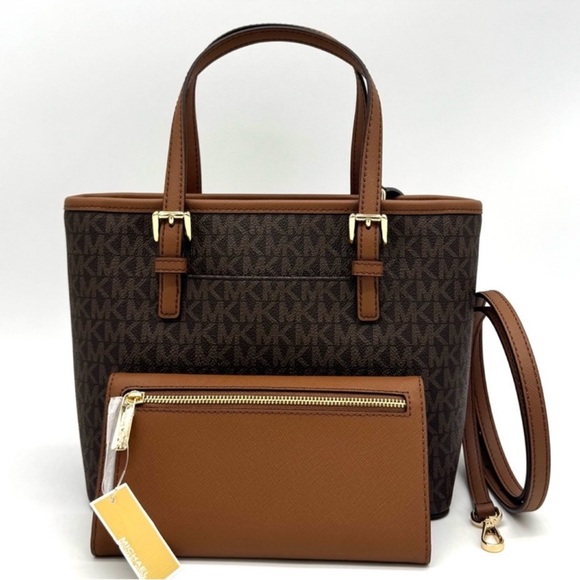 Michael Kors Jet Set Travel Extra-Small Top-Zip Tote Bag & Trifold Wallet Brown - Picture 5 of 12